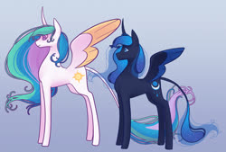 Size: 1280x864 | Tagged: safe, artist:graphic-ginger, princess celestia, princess luna, alicorn, pony, g4, alternate cutie mark, curved horn, duo, female, gradient background, horn, leonine tail, mare, missing accessory, profile, redesign, royal sisters, smiling