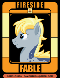 Size: 2550x3300 | Tagged: safe, artist:samoht-lion, oc, oc only, oc:fireside fable, earth pony, pony, bust, earth pony oc, high res, male, smiling, stallion, text