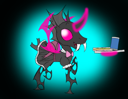 Size: 1150x888 | Tagged: safe, artist:didun850, oc, oc only, oc:dull, changeling, changeling oc, clothes, fangs, female, glowing horn, gradient background, horn, magic, maid, pink changeling, raised hoof, solo, telekinesis, tray