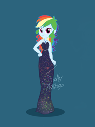 Size: 1500x2000 | Tagged: safe, artist:saltymango, rainbow dash, equestria girls, g4, alternate clothes, alternate hairstyle, clothes, curly hair, dress, female, looking at you, pretty, rainbow dash always dresses in style, solo