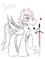 Size: 888x1150 | Tagged: safe, artist:didun850, oc, oc only, oc:peace dove, pegasus, pony, chest fluff, frown, jewelry, male, necklace, pegasus oc, raised hoof, reference sheet, simple background, solo, stallion, sword, transparent background, weapon, wings