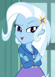 Size: 704x980 | Tagged: safe, screencap, trixie, a little birdie told me, equestria girls, g4, my little pony equestria girls: better together, cropped, crossed arms, female, raised eyebrow, solo