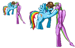 Size: 517x332 | Tagged: safe, artist:casetermk, rainbow dash, spike, dracony, dragon, hybrid, pegasus, pony, anthro, unguligrade anthro, g4, anthro with ponies, female, flying, goggles, hat, male, mare, pixel art, simple background, species swap, sunglasses, transparent background, wide eyes