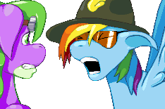Size: 234x155 | Tagged: safe, artist:casetermk, rainbow dash, spike, dracony, dragon, hybrid, pegasus, pony, anthro, g4, anthro with ponies, duo, female, full metal jacket, goggles, hat, male, mare, pixel art, simple background, species swap, sunglasses, transparent background, yelling