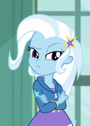 Size: 516x720 | Tagged: safe, screencap, trixie, a little birdie told me, equestria girls, g4, my little pony equestria girls: better together, cropped, crossed arms, female, raised eyebrow, solo