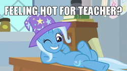 Size: 640x360 | Tagged: safe, edit, edited screencap, screencap, trixie, pony, unicorn, a horse shoe-in, g4, anatomically incorrect, caption, clothes, female, hat, hot for teacher, image macro, incorrect leg anatomy, mare, meme, on back, one eye closed, solo, text, trixie's hat, wink, wizard hat