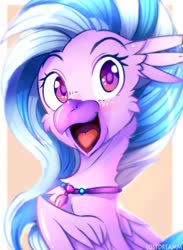 Size: 1100x1500 | Tagged: safe, artist:lostdreamm, silverstream, hippogriff, g4, blushing, colored pupils, cute, diastreamies, female, jewelry, looking at you, necklace, open mouth, solo