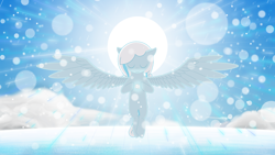 Size: 3840x2160 | Tagged: safe, artist:dark_wind, derpibooru exclusive, oc, oc only, oc:snowdrop, pegasus, pony, cloud, eyes closed, high res, smiling, snow, solo, spread wings, wallpaper, wings