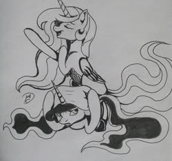 Size: 769x720 | Tagged: safe, artist:dreamyartcosplay, princess celestia, princess luna, alicorn, pony, g4, annoyed, duo, eyes closed, female, inktober 2016, lineart, mare, monochrome, pillow, siblings, singing, traditional art