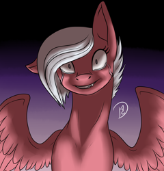 Size: 2398x2501 | Tagged: safe, artist:dreamyartcosplay, oc, oc only, oc:dreamy thread, pegasus, pony, crying, female, gradient background, high res, mare, pegasus oc, sad, signature, smiling, solo, spread wings, wings