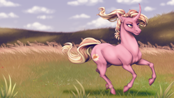 Size: 1920x1080 | Tagged: safe, artist:dementra369, luster dawn, pony, unicorn, g4, the last problem, digital art, female, grass, hill, hoers, mare, prancing, realistic, solo