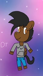 Size: 720x1280 | Tagged: safe, artist:dashing thunder, oc, oc only, oc:dashing thunder, pegasus, semi-anthro, amber eyes, arm hooves, clothes, cute, folded wings, galaxy, galaxy background, gradient background, grin, jacket, looking at you, male, ocbetes, pants, pegasus oc, smiling, smiling at you, solo, sparkles, underhoof, wings
