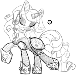 Size: 651x647 | Tagged: safe, artist:angiepeggy2114, part of a set, rarity, pony, unicorn, g4, alternate hairstyle, armor, cropped, female, monochrome, simple background, sketch, solo, white background