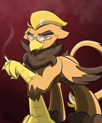 Size: 1500x1800 | Tagged: safe, artist:kingkrail, oc, oc only, oc:krail, griffon, cigarette, glasses, gradient background, looking at you, male, smoking, solo
