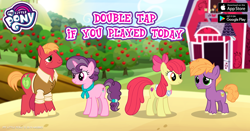 Size: 960x504 | Tagged: safe, gameloft, apple bloom, big macintosh, little mac, sugar belle, earth pony, pony, unicorn, g4, official, the last problem, apple, barn, clothes, collar, colt, facebook, female, food, freckles, game, goldie delicious' shawl, male, mare, my little pony logo, older, older apple bloom, older big macintosh, older sugar belle, ribbon, scrunchie, shawl, stallion, sweet apple acres, tree