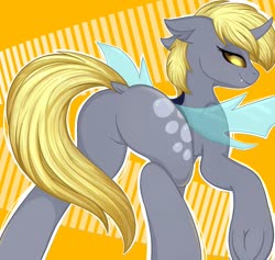 Size: 2275x2160 | Tagged: safe, artist:bellfa, derpy hooves, oc, changeling, pony, g4, abstract background, butt, changeling oc, commission, dock, featureless crotch, frog (hoof), full body, high res, hoof hold, plot, raised tail, rear view, smiling, smirk, solo, tail, tail aside, underhoof, ych result