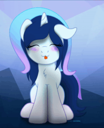 Size: 600x736 | Tagged: safe, artist:bastbrushie, part of a set, oc, oc only, oc:stardust stellar, pony, unicorn, animated, blushing, chest fluff, dancing, eyes closed, female, fluffy, gif, happy, mare, sitting, solo, tongue out