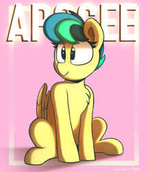Size: 1904x2200 | Tagged: safe, artist:perezadotarts, oc, oc only, oc:apogee, pegasus, pony, cute, digital art, drawing, female, freckles, pink background, shinodage's birthday, simple background, sitting, smiling, solo, text