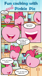 Size: 1260x2229 | Tagged: safe, artist:nancy-05, idw, pinkie pie, human, g4, spoiler:comic, spoiler:comic32, :o, apple, apple pinkie, comic, cooking, didn't think this through, exclamation point, food, hand, open mouth, species swap, this will end in death, this will end in tears, this will end in tears and/or death