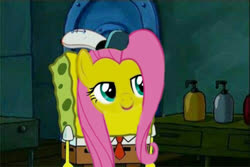 Size: 500x333 | Tagged: safe, edit, edited screencap, screencap, fluttershy, g4, trade ya!, 1000 hours in gimp, cursed image, male, reaction image, smiling, smirk, spongebob squarepants, spongebob squarepants (character), you like krabby patties don't you squidward?