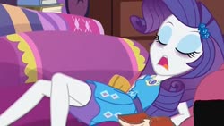 Size: 834x470 | Tagged: safe, rarity, blizzard or bust, equestria girls, equestria girls specials, g4, my little pony equestria girls: better together, my little pony equestria girls: holidays unwrapped, clothes, cropped, eyes closed, eyeshadow, geode of shielding, magical geodes, makeup, open mouth, pencil skirt, rarity peplum dress, skirt, sleeping, snoring, teeth, zoomed in