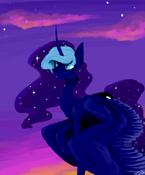 Size: 2236x2683 | Tagged: safe, artist:creeate97, princess luna, alicorn, pony, g4, female, gradient background, high res, lineless, mare, solo, spread wings, stars, wings