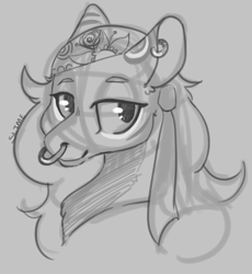 Size: 1335x1451 | Tagged: safe, artist:slimeprnicess, oc, oc only, pony, bandana, black and white, bust, ear piercing, earring, gray background, grayscale, jewelry, monochrome, nose piercing, nose ring, piercing, request, signature, simple background, solo