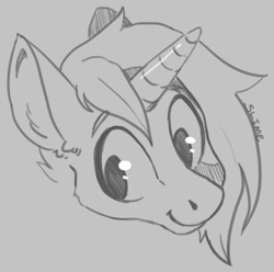 Size: 1215x1207 | Tagged: safe, artist:slimeprnicess, oc, oc only, oc:omega(phosphorshy), pony, unicorn, black and white, bust, gray background, grayscale, male, monochrome, request, signature, simple background, solo, stallion