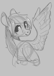 Size: 1750x2450 | Tagged: safe, artist:slimeprnicess, oc, oc only, pegasus, pony, black and white, bust, female, gray background, grayscale, mare, monochrome, request, simple background, solo, wings
