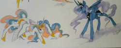 Size: 1779x703 | Tagged: safe, artist:creeate97, princess celestia, princess luna, alicorn, pony, g4, duo, female, laughing, majestic as fuck, mare, marker drawing, royal sisters, simple background, traditional art, white background