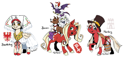 Size: 1953x908 | Tagged: safe, artist:taritoons, edith, opalescence, winona, oc, oc:bumblebee, oc:swirly key, unnamed oc, cat, cockatrice, dog, earth pony, pegasus, pony, g4, brandenburg, bremen, clothes, folk costume, germany, grimm's complete fairy tales, hamburg, hat, nation ponies, ponified, simple background, top hat, town musicians of bremen, white background