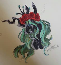 Size: 1088x1150 | Tagged: safe, artist:creeate97, queen chrysalis, changeling, changeling queen, g4, bust, female, flower, flower in hair, portrait, rose, solo, tongue out, traditional art