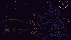 Size: 1000x562 | Tagged: safe, artist:quint-t-w, doctor whooves, princess luna, time turner, alicorn, earth pony, pony, g4, back, crossover, dark background, doctor who, moon, old art, stars, tardis, the doctor