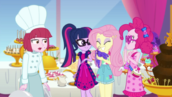 Size: 1280x720 | Tagged: safe, screencap, fluttershy, pinkie pie, sci-twi, twilight sparkle, lobster, equestria girls, g4, i'm on a yacht, spoiler:eqg series (season 2), eyes closed, eyeshadow, female, grin, makeup, sleeveless, smiling