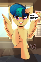 Size: 2000x3000 | Tagged: safe, artist:shadowreindeer, oc, oc only, oc:apogee, oc:houston, oc:mozzarella orgy, food pony, original species, pegasus, pizza pony, pony, rat, calendar, cute, diageetes, ear freckles, eye clipping through hair, female, filly, food, freckles, high res, looking at you, ocbetes, open mouth, pegasus oc, pizza, ponified, present, shinodage's birthday, smiling, solo focus, speech bubble, teenager, weapons-grade cute