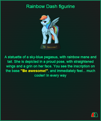 Size: 505x605 | Tagged: safe, artist:dipfanken, rainbow dash, pegasus, pony, fallout equestria, game: fallout equestria: remains, g4, fanfic, fanfic art, female, figurine, game, game screencap, grin, hooves, mare, ministry mares, ministry mares statuette, raised hoof, smiling, solo, spread wings, statuette, wings