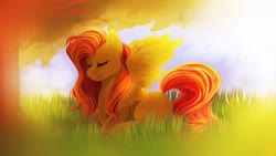 Size: 1024x576 | Tagged: safe, artist:pprinceran, fluttershy, pegasus, pony, g4, eyes closed, female, grass, mare, prone, smiling, solo, tree