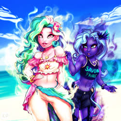 Size: 1600x1600 | Tagged: safe, artist:kp-shadowsquirrel, princess celestia, princess luna, human, g4, beach, belly button, clothes, denim shorts, duo, elf ears, flower, flower in hair, humanized, jeans, jewelry, magic, magic aura, midriff, necklace, off-shoulder top, pants, pony coloring, royal sisters, shorts, sports bra
