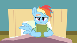 Size: 1902x1080 | Tagged: safe, artist:金泽_sapling, rainbow dash, pegasus, pony, g4, read it and weep, bed, book, female, looking at you, lying down, lying on bed, mare, on bed, solo