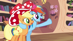 Size: 1280x720 | Tagged: safe, screencap, applejack, rainbow dash, daring don't, g4, everywhere meme pony edition, golden oaks library, hat, party hat