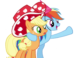 Size: 950x724 | Tagged: safe, artist:kayman13, edit, edited screencap, screencap, applejack, rainbow dash, earth pony, pegasus, pony, daring don't, g4, apple hat, background removed, duo, everywhere meme pony edition, female, hat, mare, party hat, party stetson, pointing, simple background, transparent background