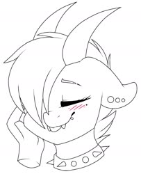 Size: 1349x1660 | Tagged: safe, artist:melodytheartpony, oc, oc:melody silver, dracony, dragon, hybrid, pony, blushing, collar, cute, female, happy, lineart, petting, piercing