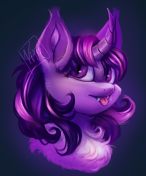 Size: 2500x3000 | Tagged: safe, artist:thewickedvix, twilight sparkle, pony, vampire, g4, alternate hairstyle, bust, chest fluff, curved horn, doodle, ear tufts, fangs, female, high res, horn, mare, slit pupils, solo, tongue out