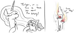 Size: 1198x533 | Tagged: safe, artist:jargon scott, princess celestia, twilight sparkle, pony, unicorn, g4, 2 panel comic, burning, comic, dialogue, didn't think this through, eyes closed, eyes on the prize, female, fire, hoof hold, lineart, mare, match, on fire, open mouth, partial color, simple background, smiling, starry eyes, this ended in fire, this will end in death, this will end in tears, this will end in tears and/or death, twiggie, unicorn twilight, white background, wingding eyes