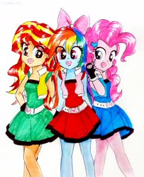 Size: 2309x2847 | Tagged: safe, artist:liaaqila, pinkie pie, rainbow dash, sunset shimmer, equestria girls, g4, belt, blossom (powerpuff girls), bow, bubbles (powerpuff girls), buttercup (powerpuff girls), clothes, clothes swap, cosplay, costume, cute, dashabetes, diapinkes, high res, hyper blossom, open mouth, peace sign, powered buttercup, powerpuff girls z, ribbon, rolling bubbles, shimmerbetes, simple background, the powerpuff girls, traditional art, trio, white background