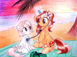 Size: 3153x2322 | Tagged: safe, artist:liaaqila, oc, oc only, oc:healing touch, oc:tranquil paradise, pony, unicorn, beach, checkup, first aid kit, flower, flower in hair, glowing horn, high res, horn, listening, not sunset shimmer, nurse, palm tree, pine tree, sand, sky, stethoscope, sunset, traditional art, tree, tree branch, water