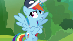 Size: 1920x1080 | Tagged: safe, screencap, rainbow dash, pegasus, pony, 2 4 6 greaaat, g4, cap, coach rainbow dash, female, hat, mare, open mouth, solo, spread wings, wings