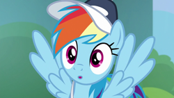 Size: 1920x1080 | Tagged: safe, screencap, rainbow dash, pegasus, pony, 2 4 6 greaaat, :o, cap, female, hat, mare, open mouth, solo, spread wings, wings