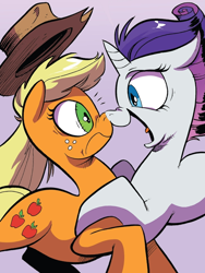 Size: 884x1177 | Tagged: safe, artist:andypriceart, idw, official comic, applejack, rarity, earth pony, pony, unicorn, friends forever #8, g4, my little pony: friends forever, spoiler:comic, applejack's hat, boop, carousel boutique, comic, cowboy hat, cropped, duo, female, hat, mare, nose to nose, noseboop, open mouth, tongue out