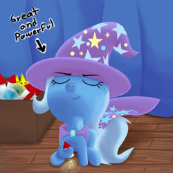 Size: 1920x1920 | Tagged: safe, artist:stellardust, derpibooru exclusive, trixie, pony, unicorn, g4, box, clothes, curtains, eyes closed, female, fireworks, hat, holding, mare, sitting, smiling, solo, stage